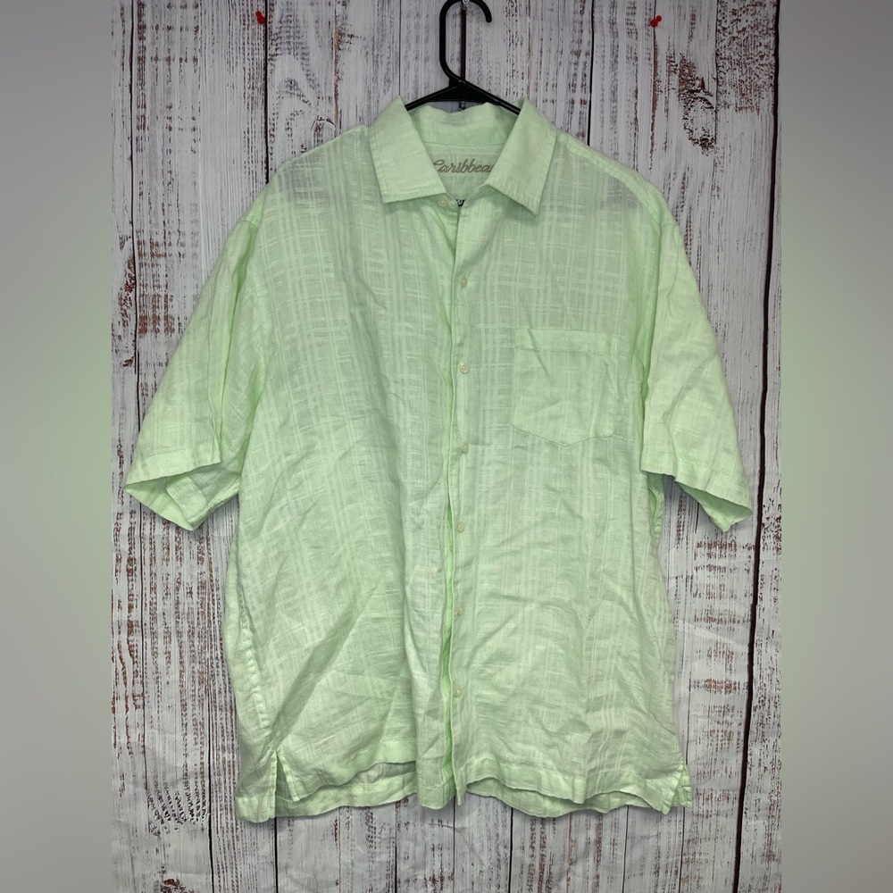 Mens Linen Blend Button Up Shirt By Caribbean XL Relaxed Lime Green